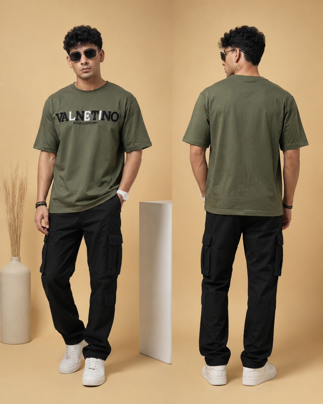 Men’s Olive Green Down Shoulder Typography Printed T-Shirt