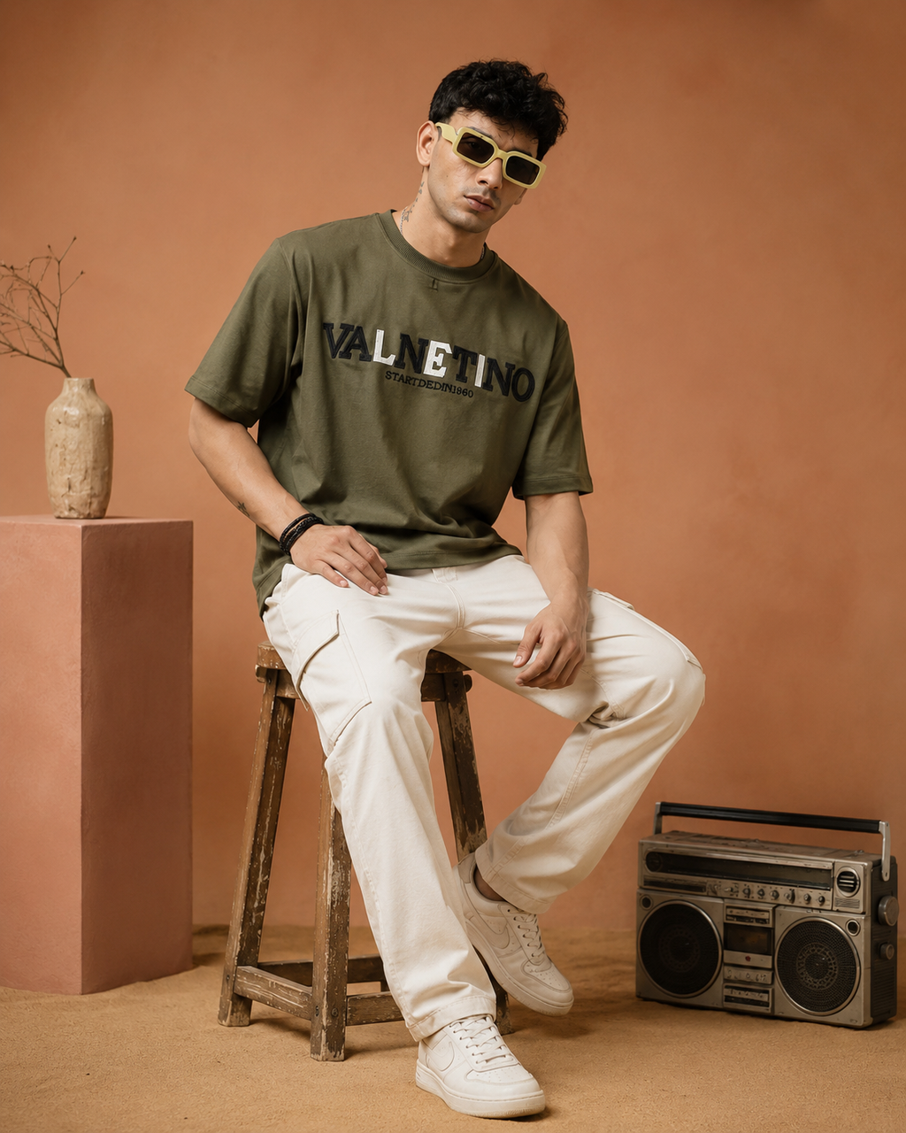 Men’s Olive Green Down Shoulder Typography Printed T-Shirt