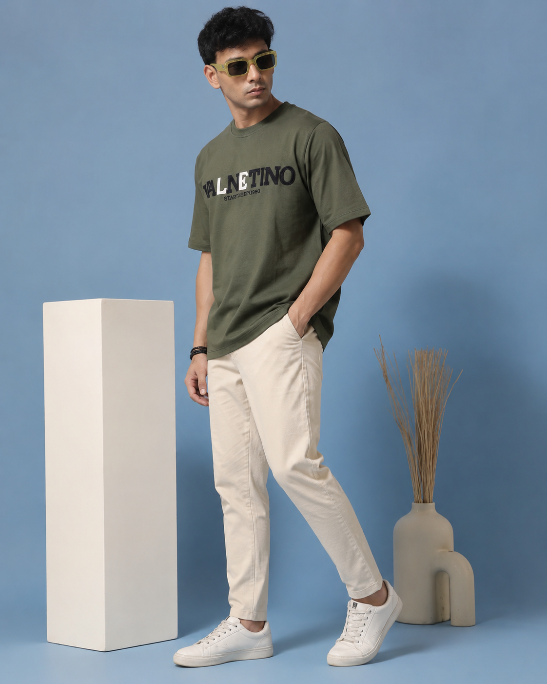 Men’s Olive Green Down Shoulder Typography Printed T-Shirt
