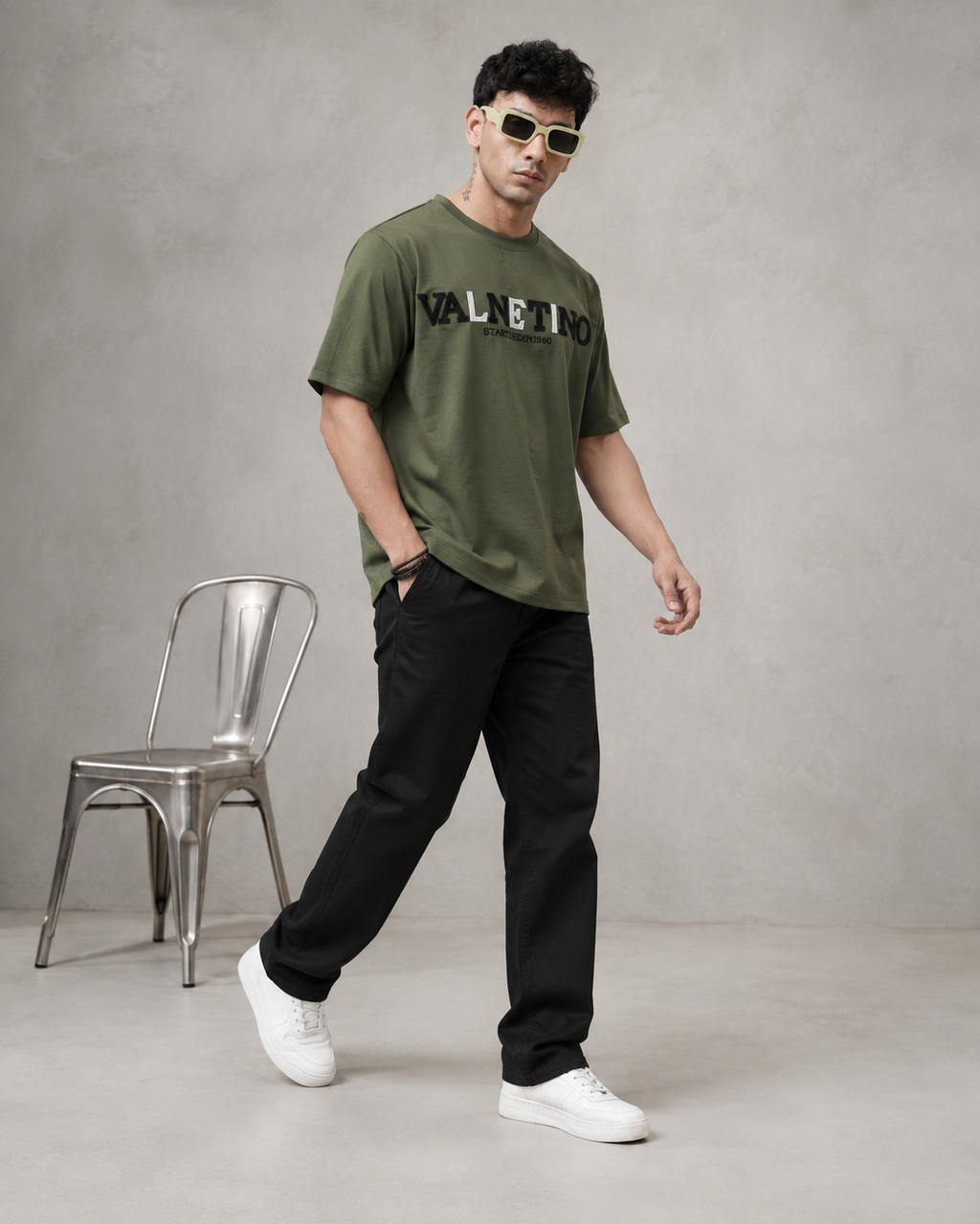 Men’s Olive Green Down Shoulder Typography Printed T-Shirt