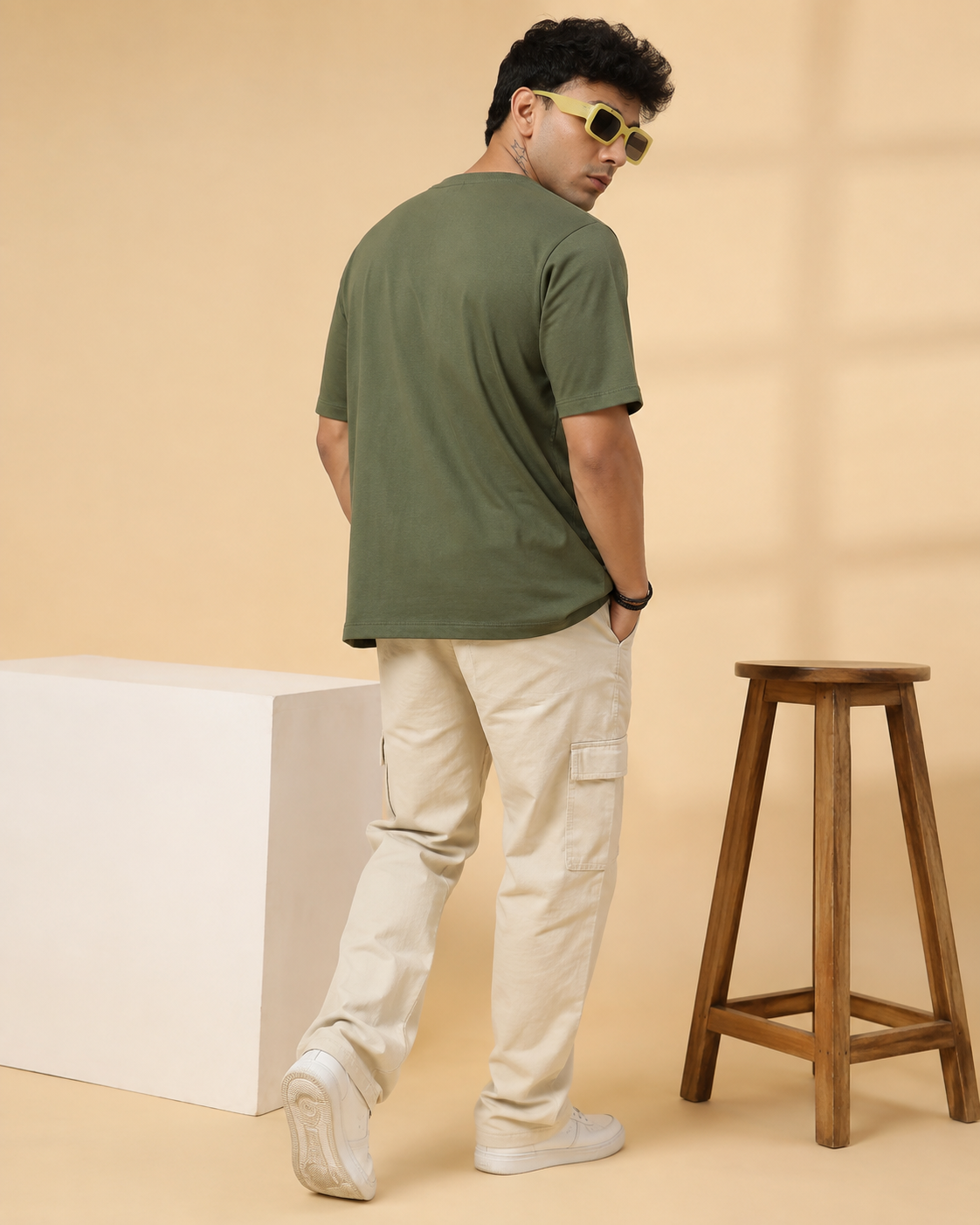 Men’s Olive Green Down Shoulder Typography Printed T-Shirt