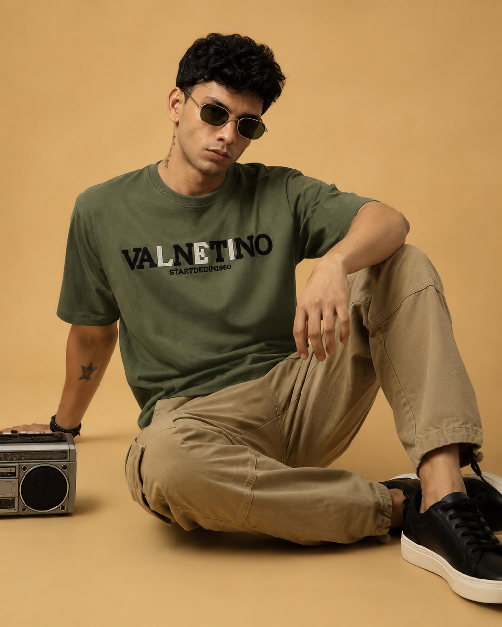 Men’s Olive Green Down Shoulder Typography Printed T-Shirt