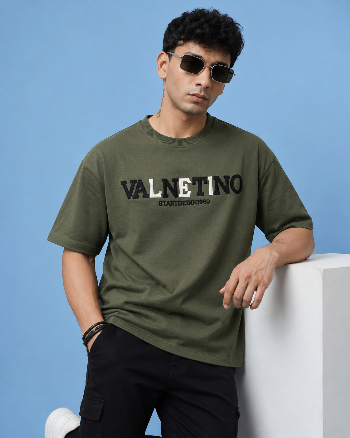 Men’s Olive Green Down Shoulder Typography Printed T-Shirt
