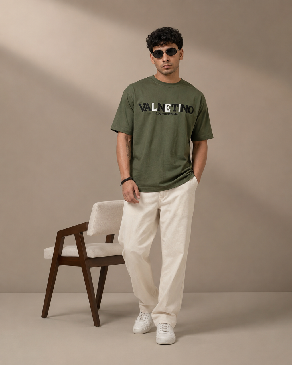 Men’s Olive Green Down Shoulder Typography Printed T-Shirt