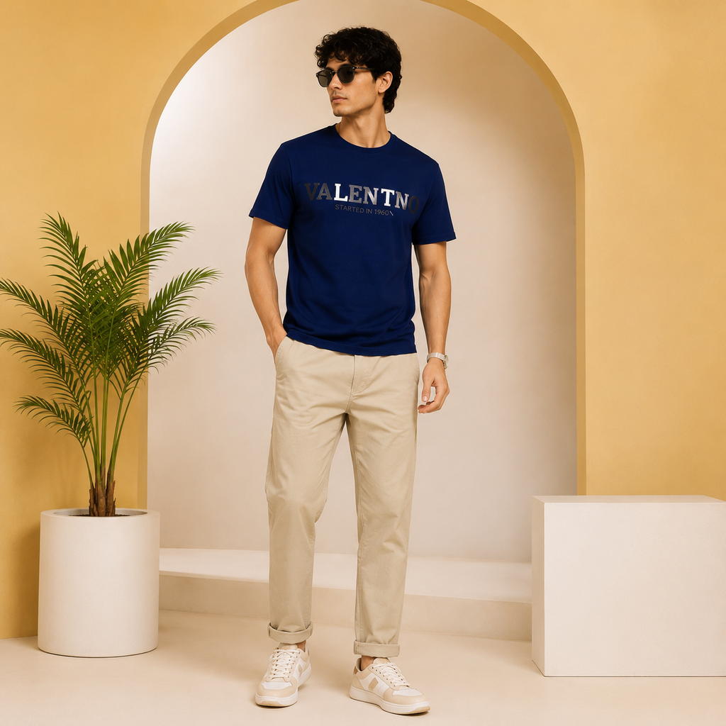 Men’s Navy Blue Down Shoulder Typography Printed T-Shirt