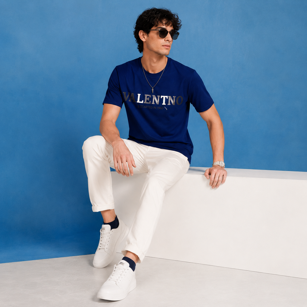 Men’s Navy Blue Down Shoulder Typography Printed T-Shirt