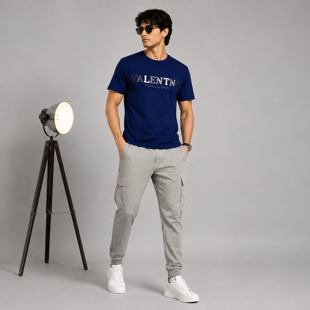 Men’s Navy Blue Down Shoulder Typography Printed T-Shirt