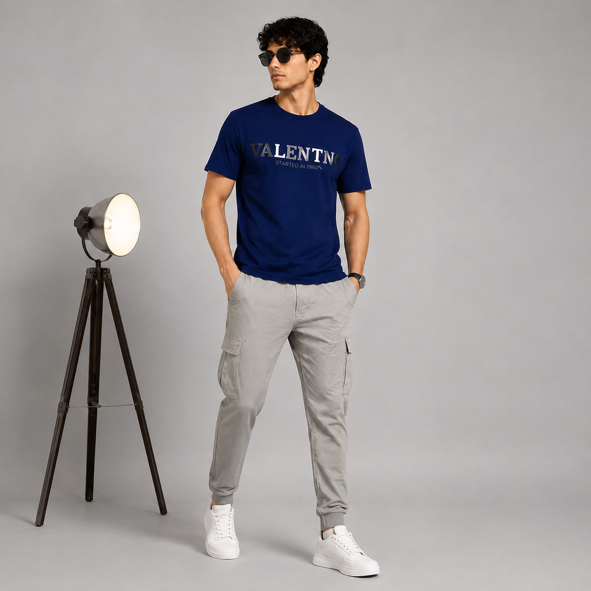 Men’s Navy Blue Down Shoulder Typography Printed T-Shirt
