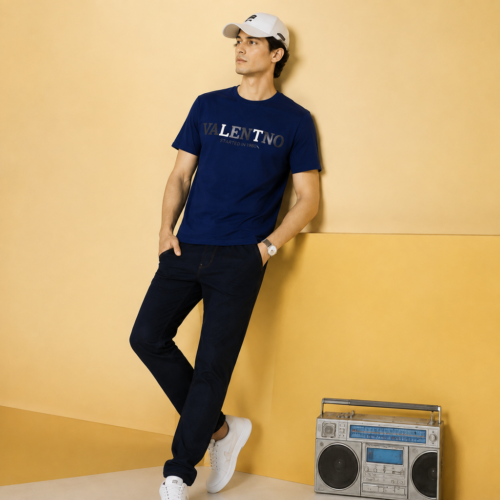 Men’s Navy Blue Down Shoulder Typography Printed T-Shirt