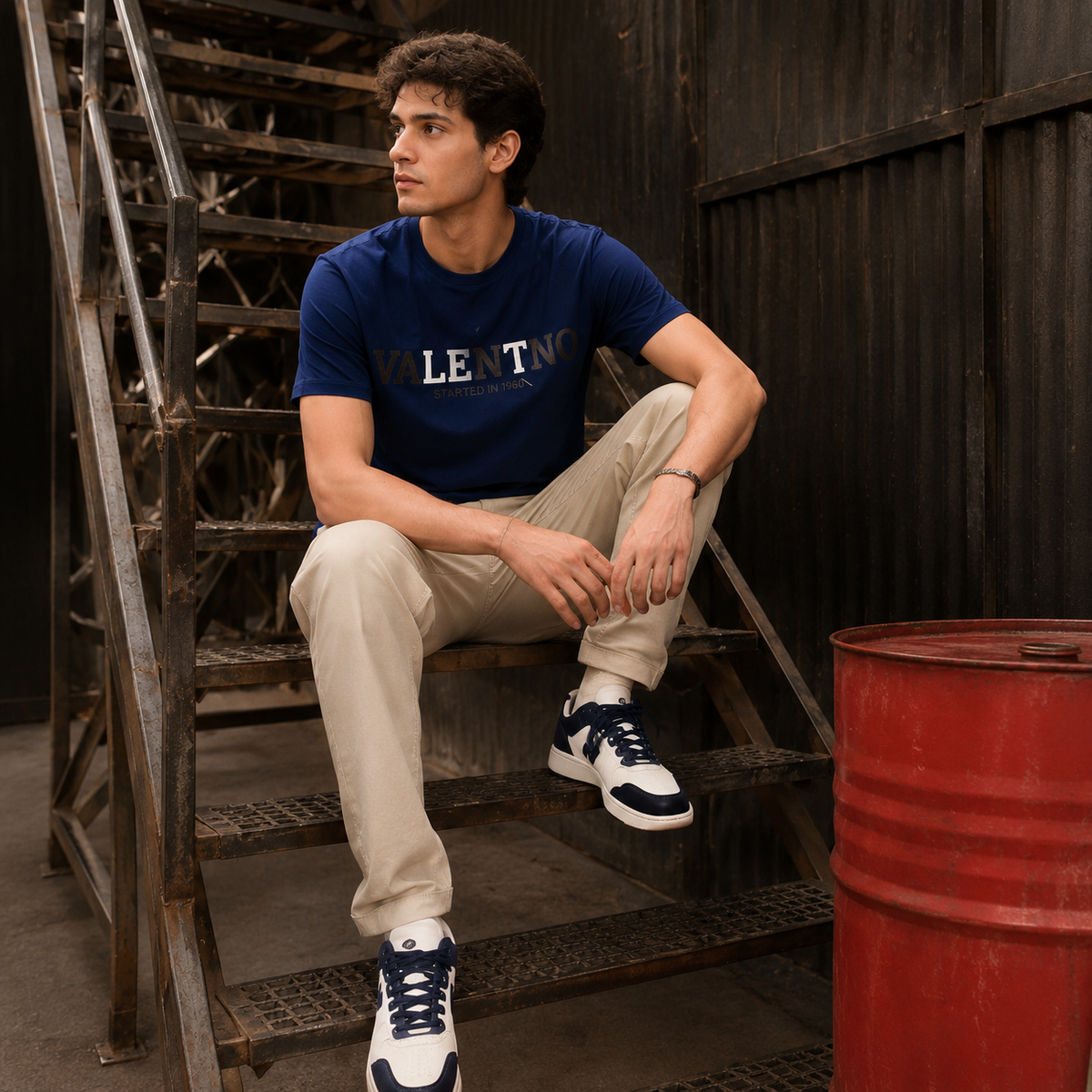 Men’s Navy Blue Down Shoulder Typography Printed T-Shirt