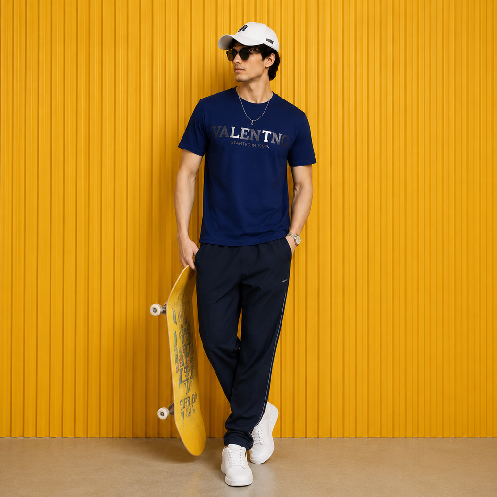 Men’s Navy Blue Down Shoulder Typography Printed T-Shirt