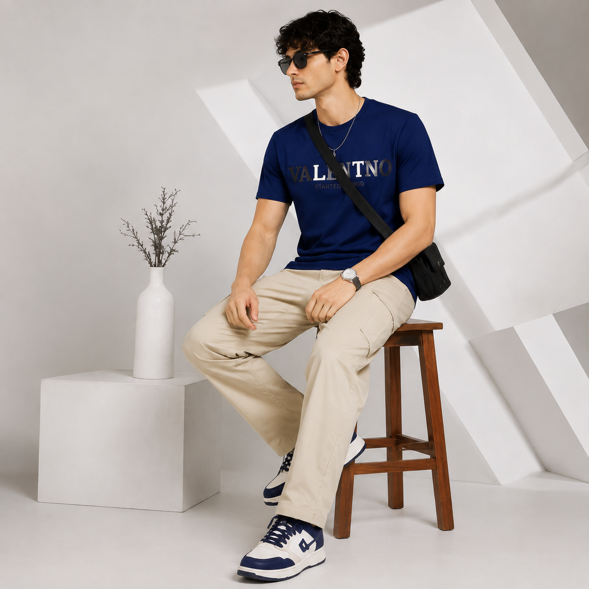 Men’s Navy Blue Down Shoulder Typography Printed T-Shirt