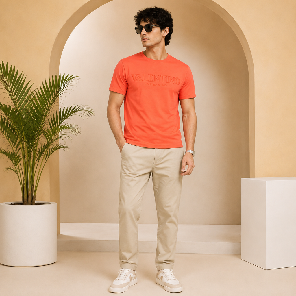 Men’s Coral Orange Down Shoulder Typography T-Shirt