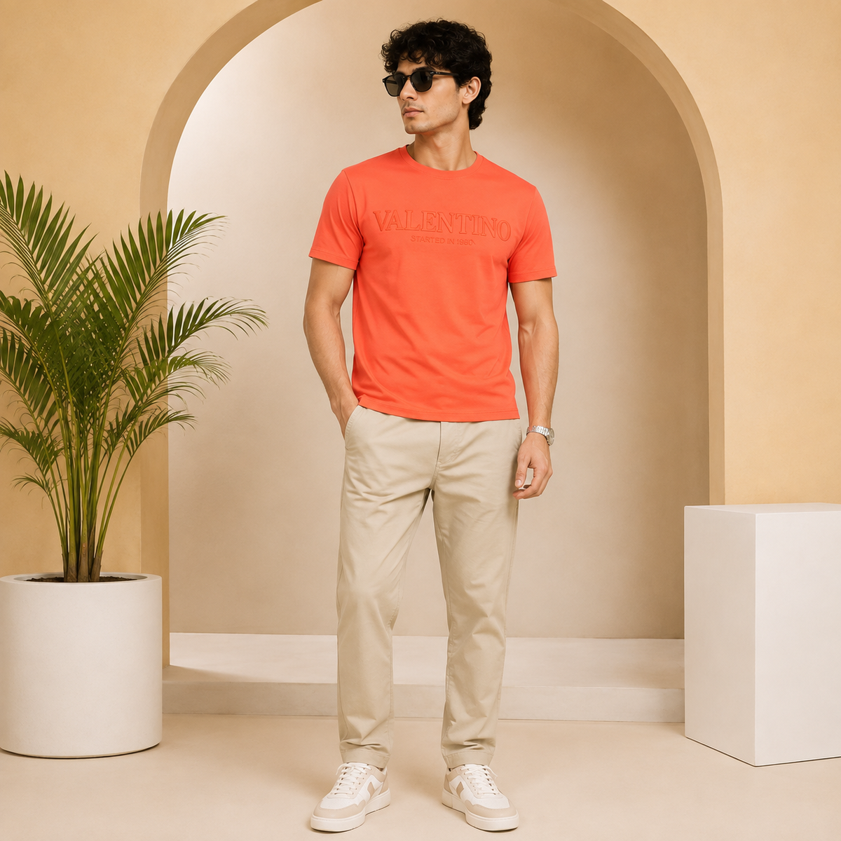 Men’s Coral Orange Down Shoulder Typography T-Shirt