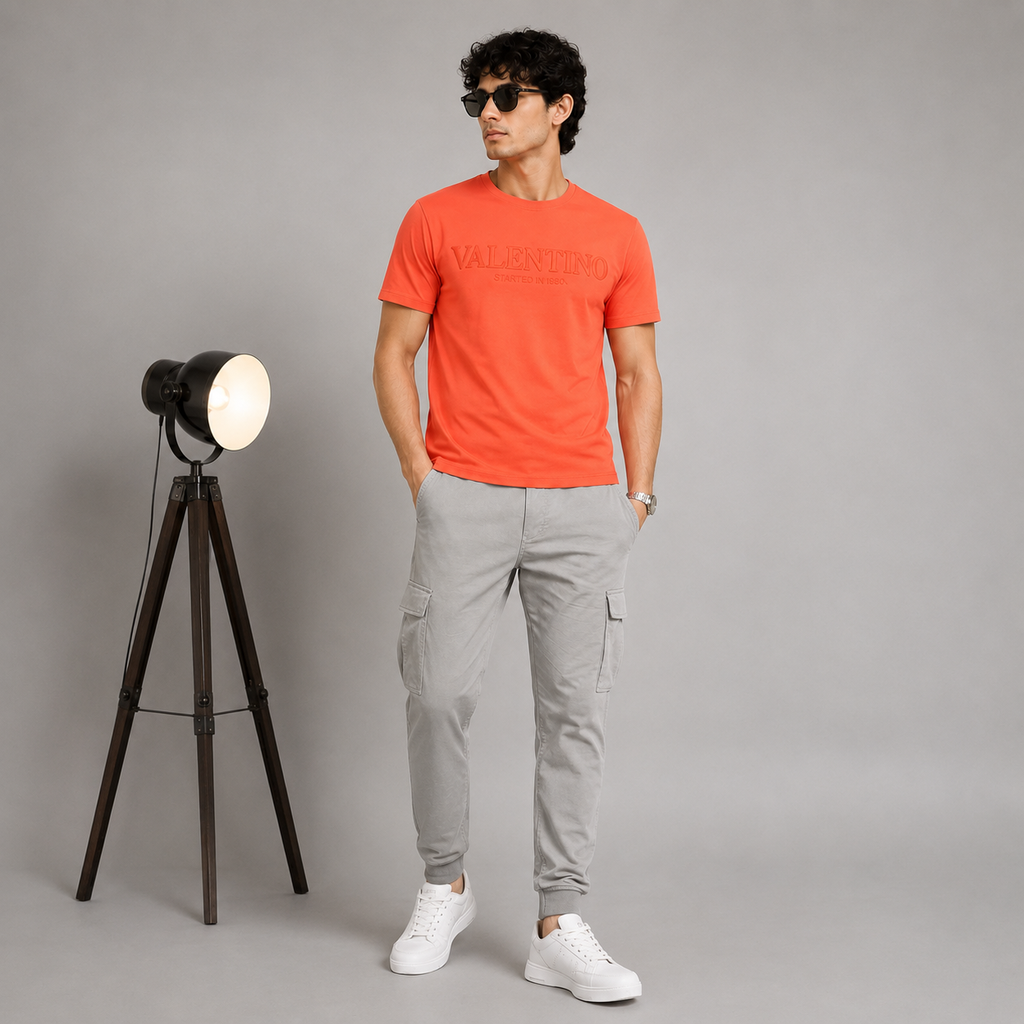 Men’s Coral Orange Down Shoulder Typography T-Shirt