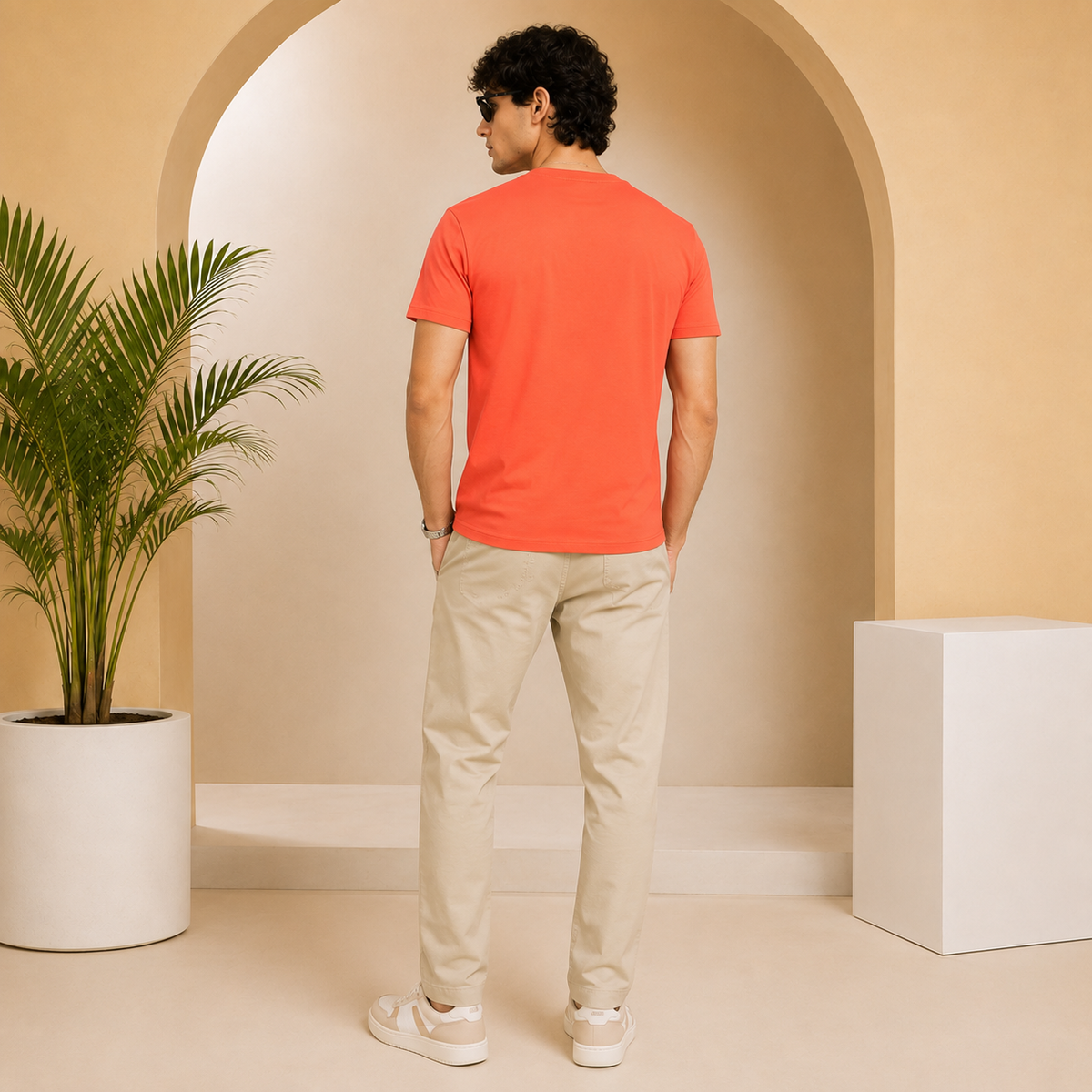 Men’s Coral Orange Down Shoulder Typography T-Shirt