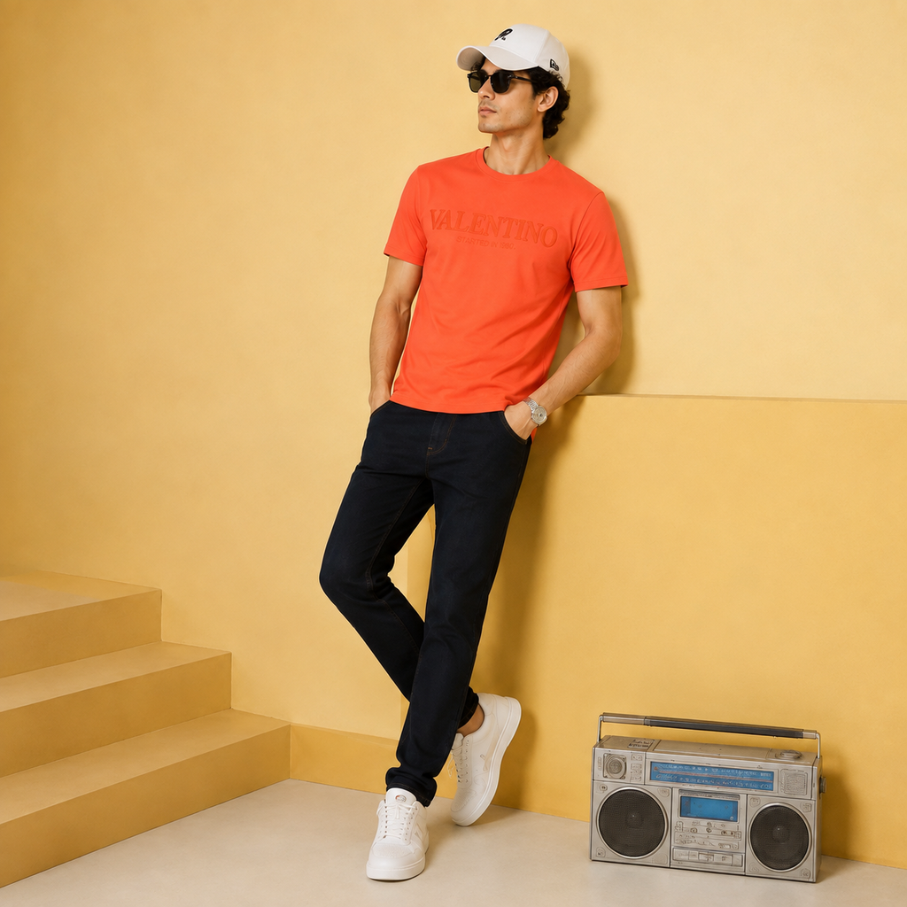 Men’s Coral Orange Down Shoulder Typography T-Shirt