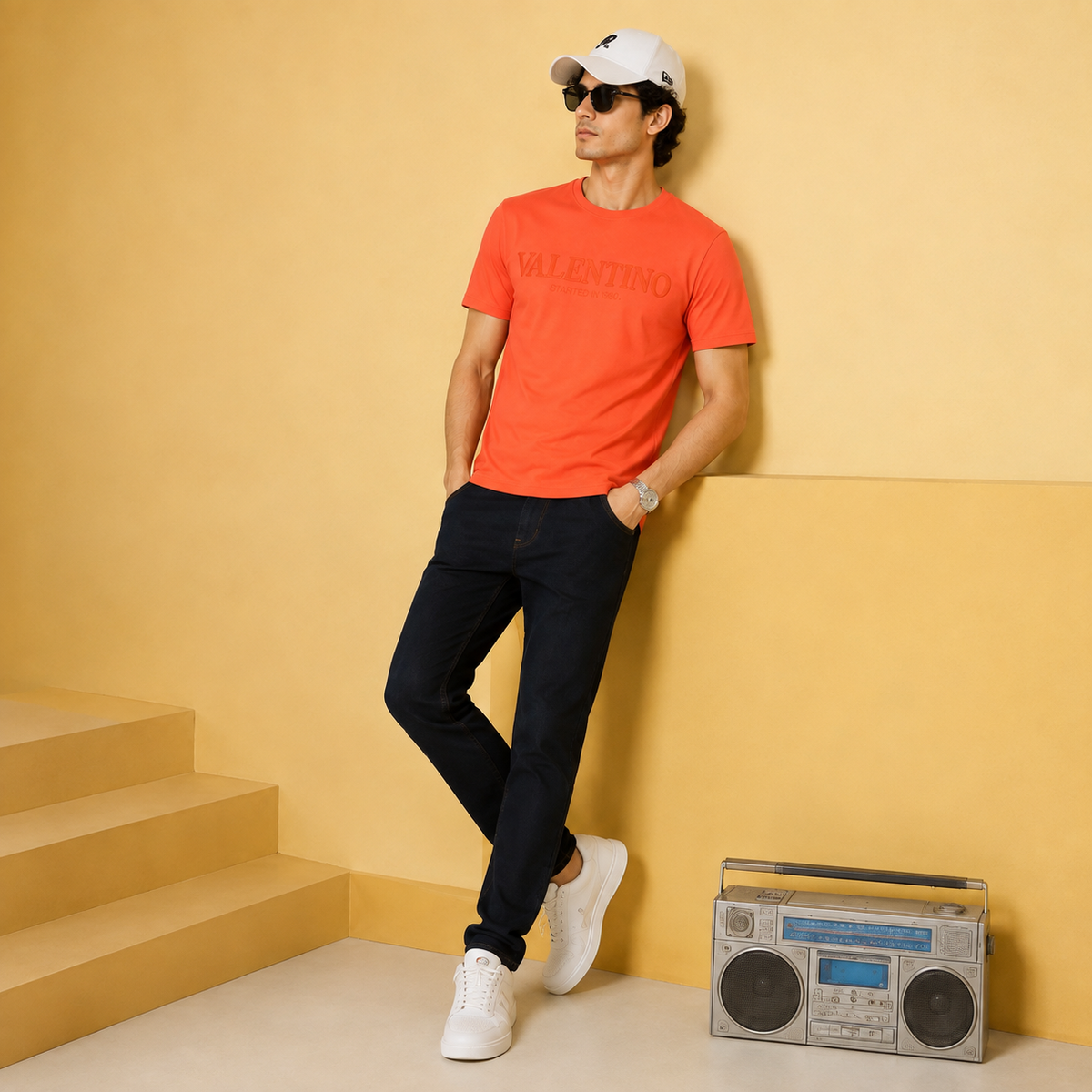 Men’s Coral Orange Down Shoulder Typography T-Shirt