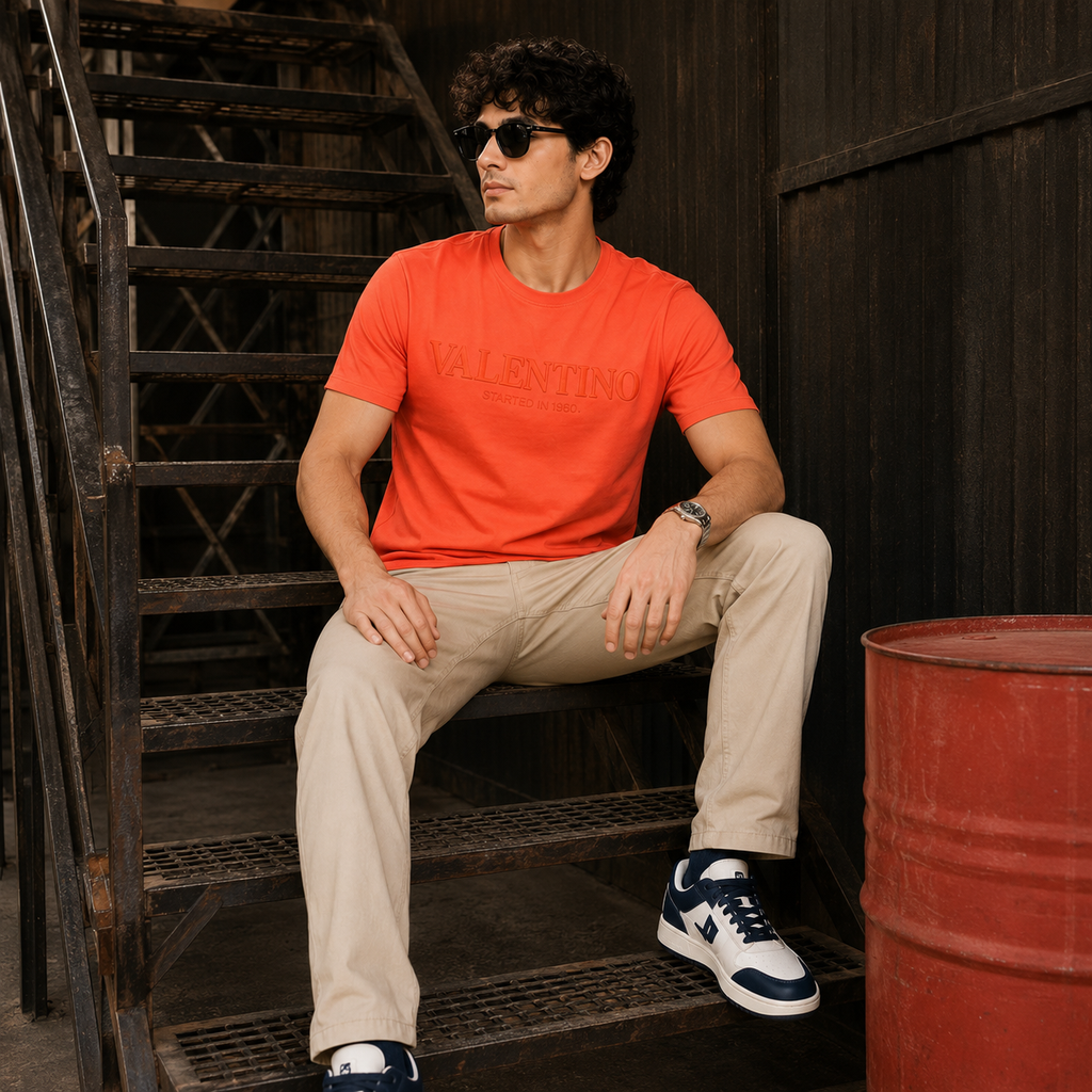 Men’s Coral Orange Down Shoulder Typography T-Shirt