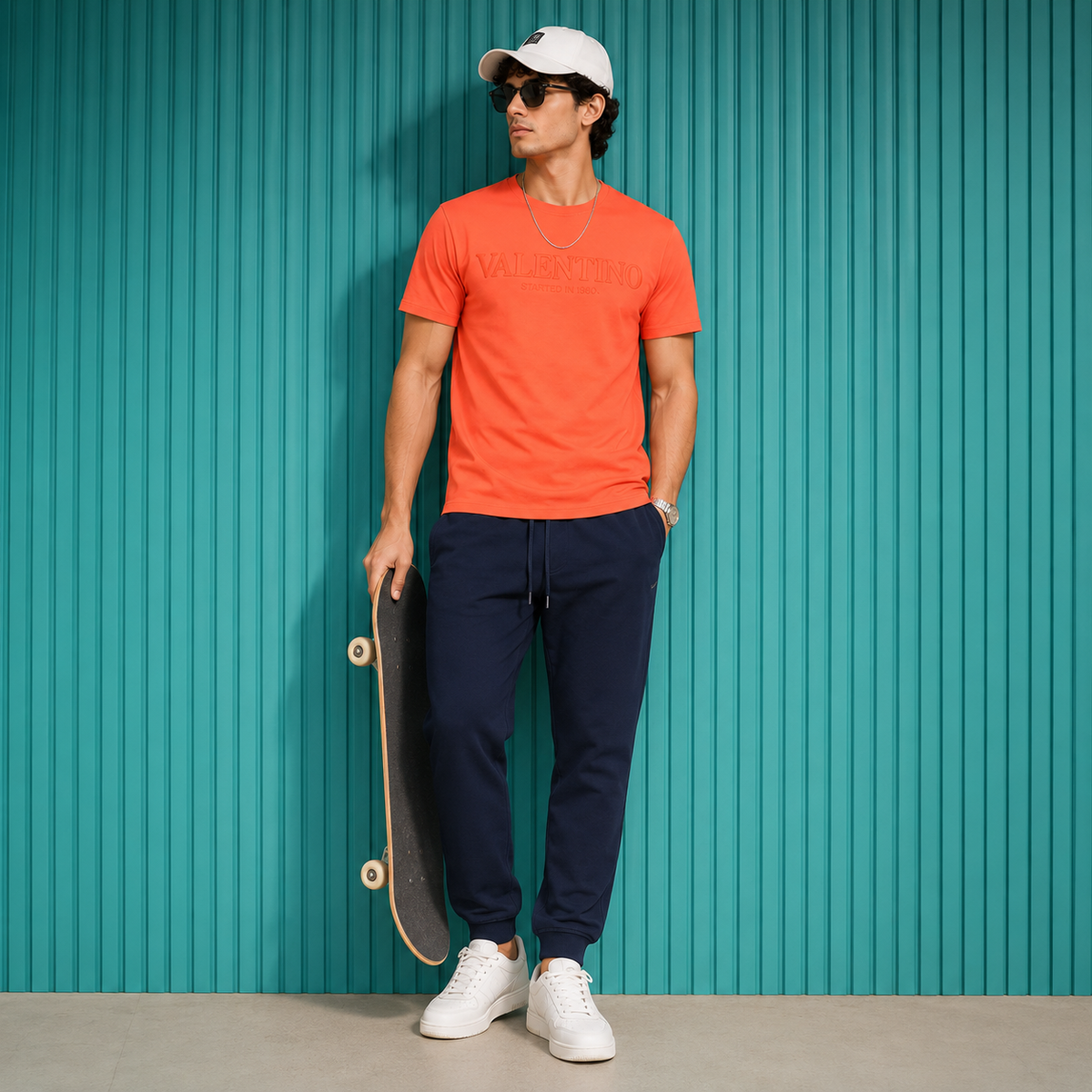 Men’s Coral Orange Down Shoulder Typography T-Shirt