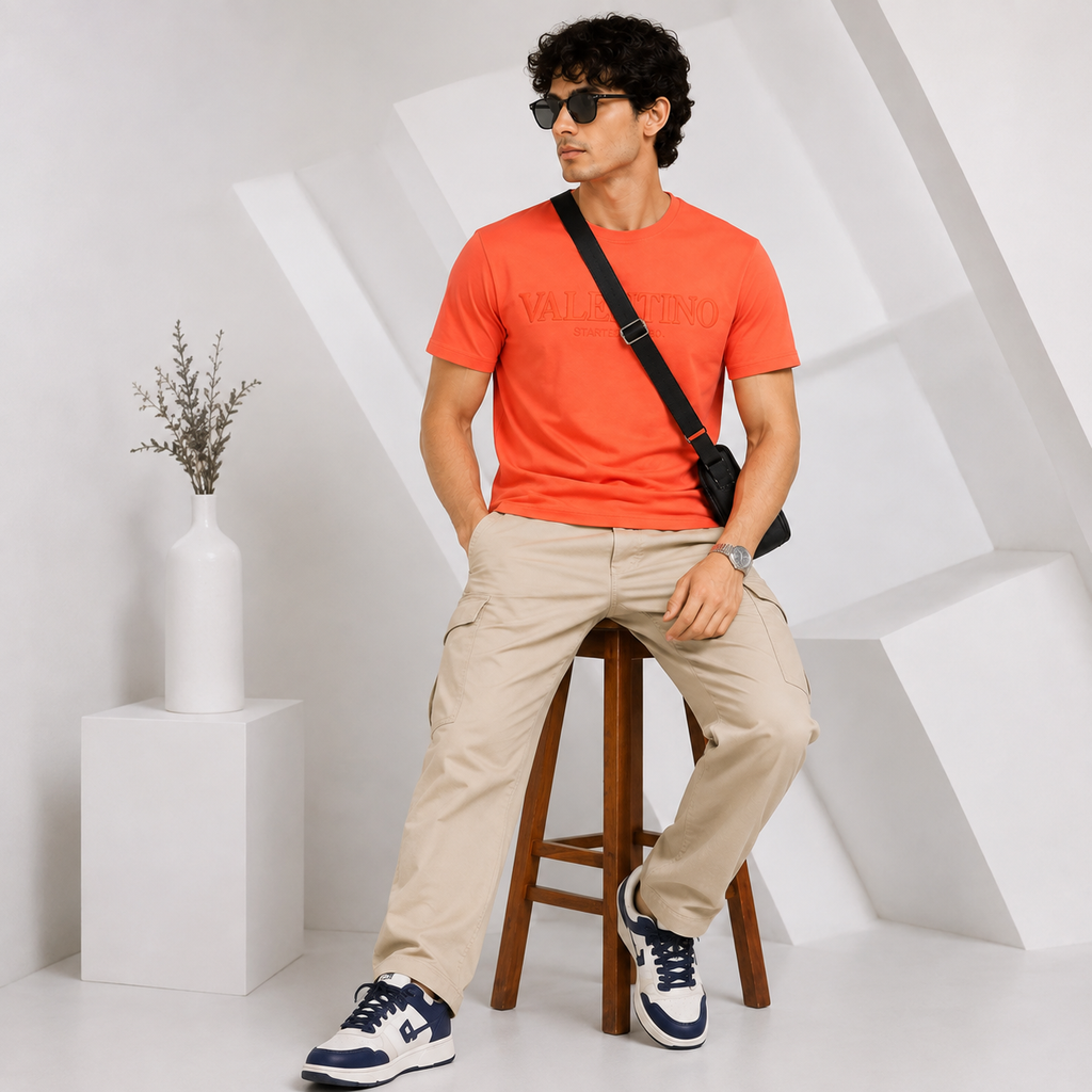 Men’s Coral Orange Down Shoulder Typography T-Shirt