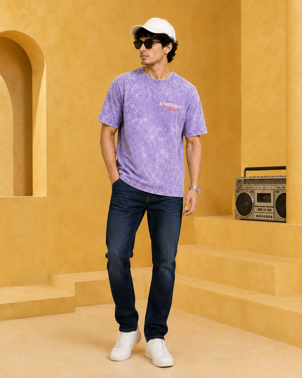 Men’s Lavender Acid Wash Down Shoulder Off-Road Graphic Printed T-Shirt