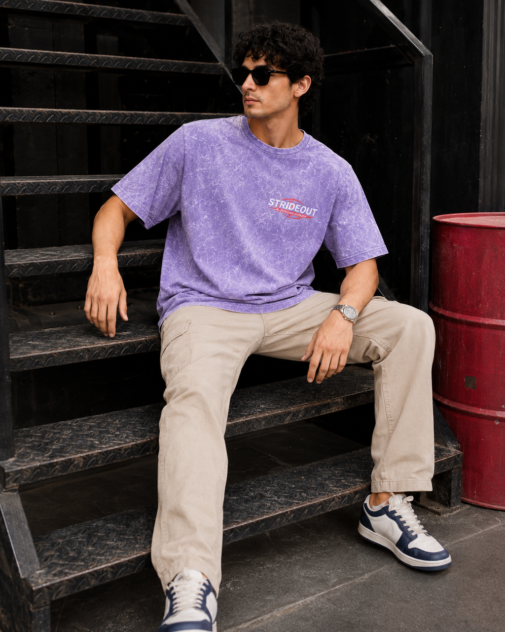 Men’s Lavender Acid Wash Down Shoulder Off-Road Graphic Printed T-Shirt
