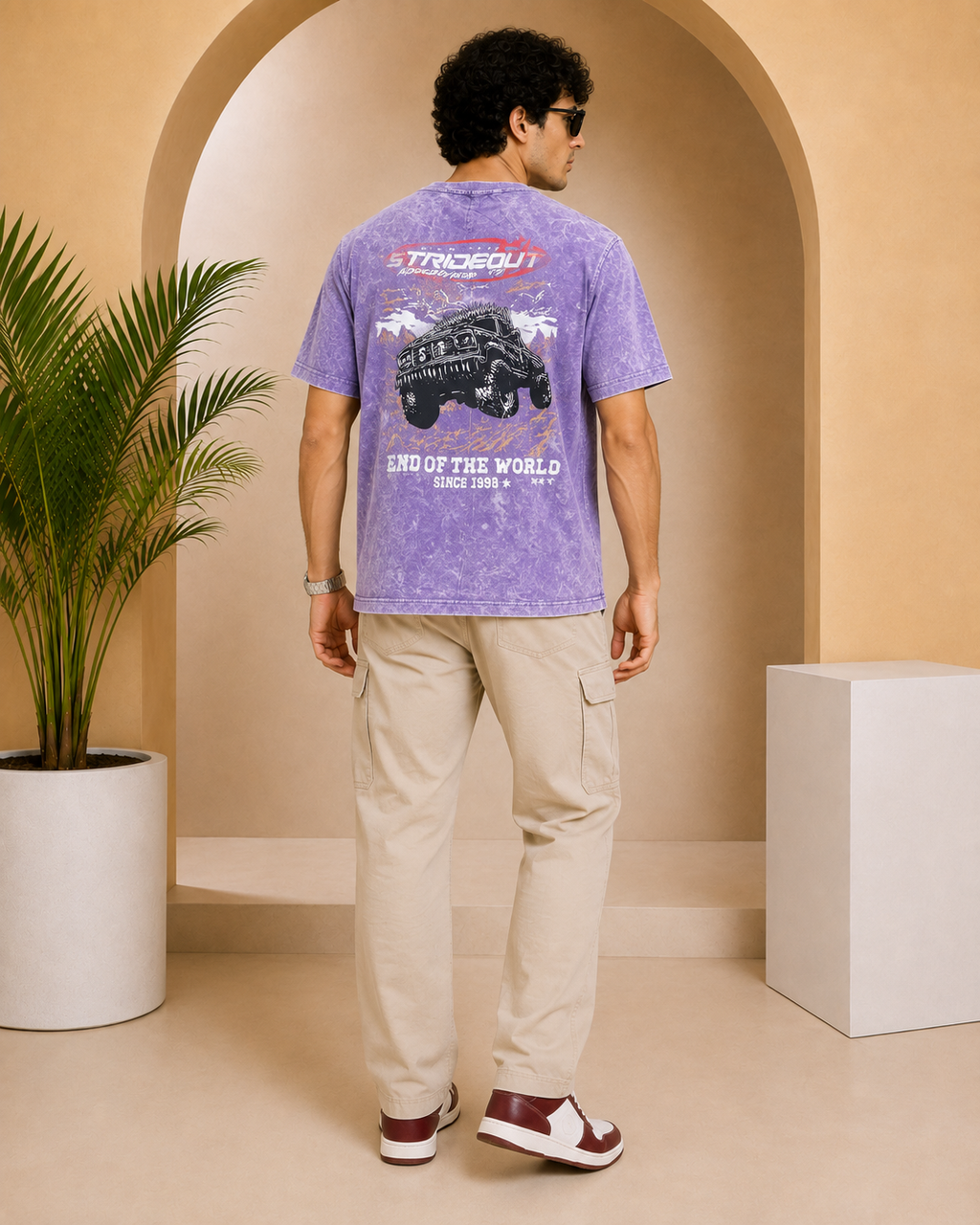 Men’s Lavender Acid Wash Down Shoulder Off-Road Graphic Printed T-Shirt