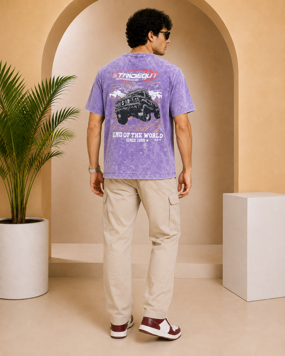 Men’s Lavender Acid Wash Down Shoulder Off-Road Graphic Printed T-Shirt