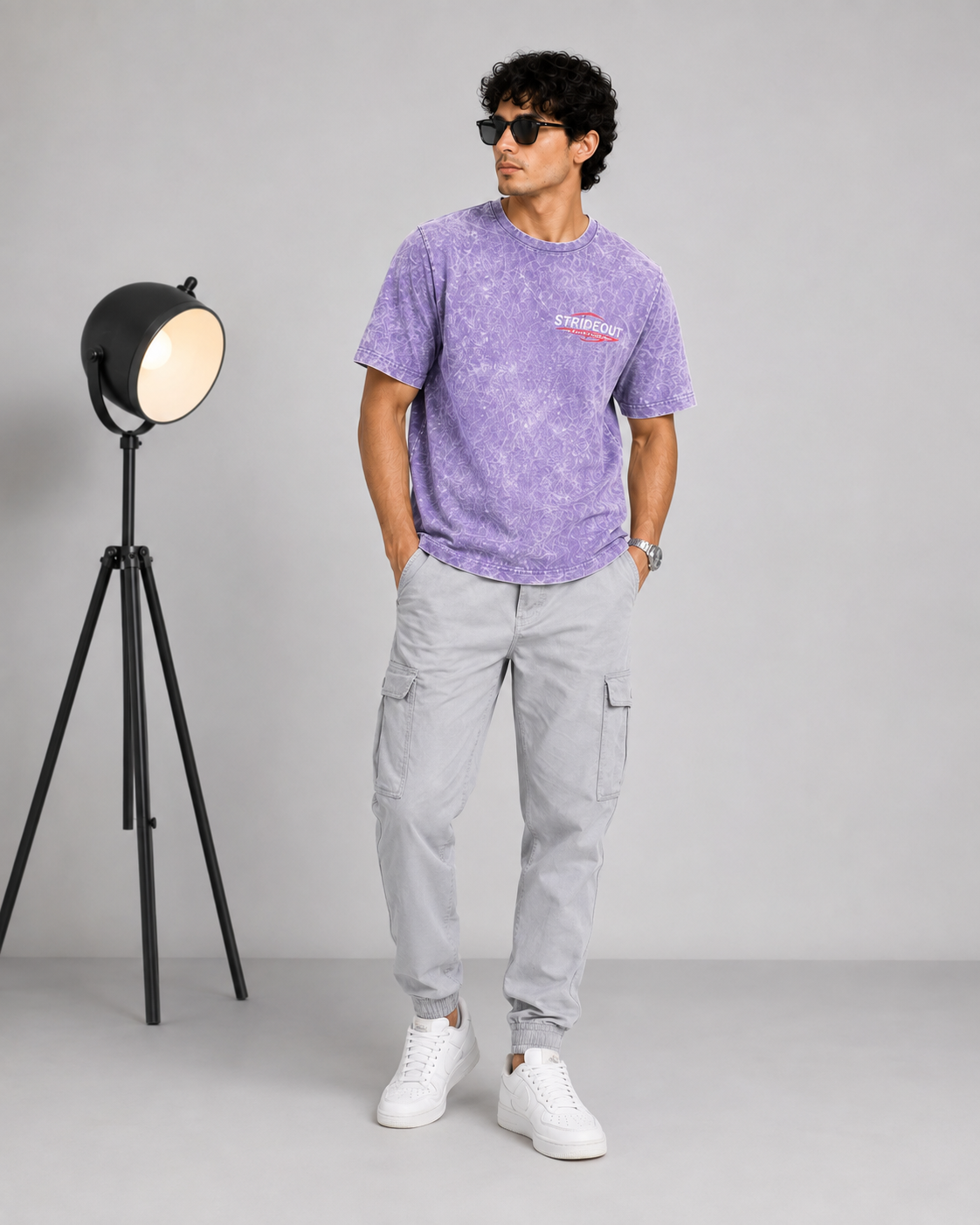 Men’s Lavender Acid Wash Down Shoulder Off-Road Graphic Printed T-Shirt