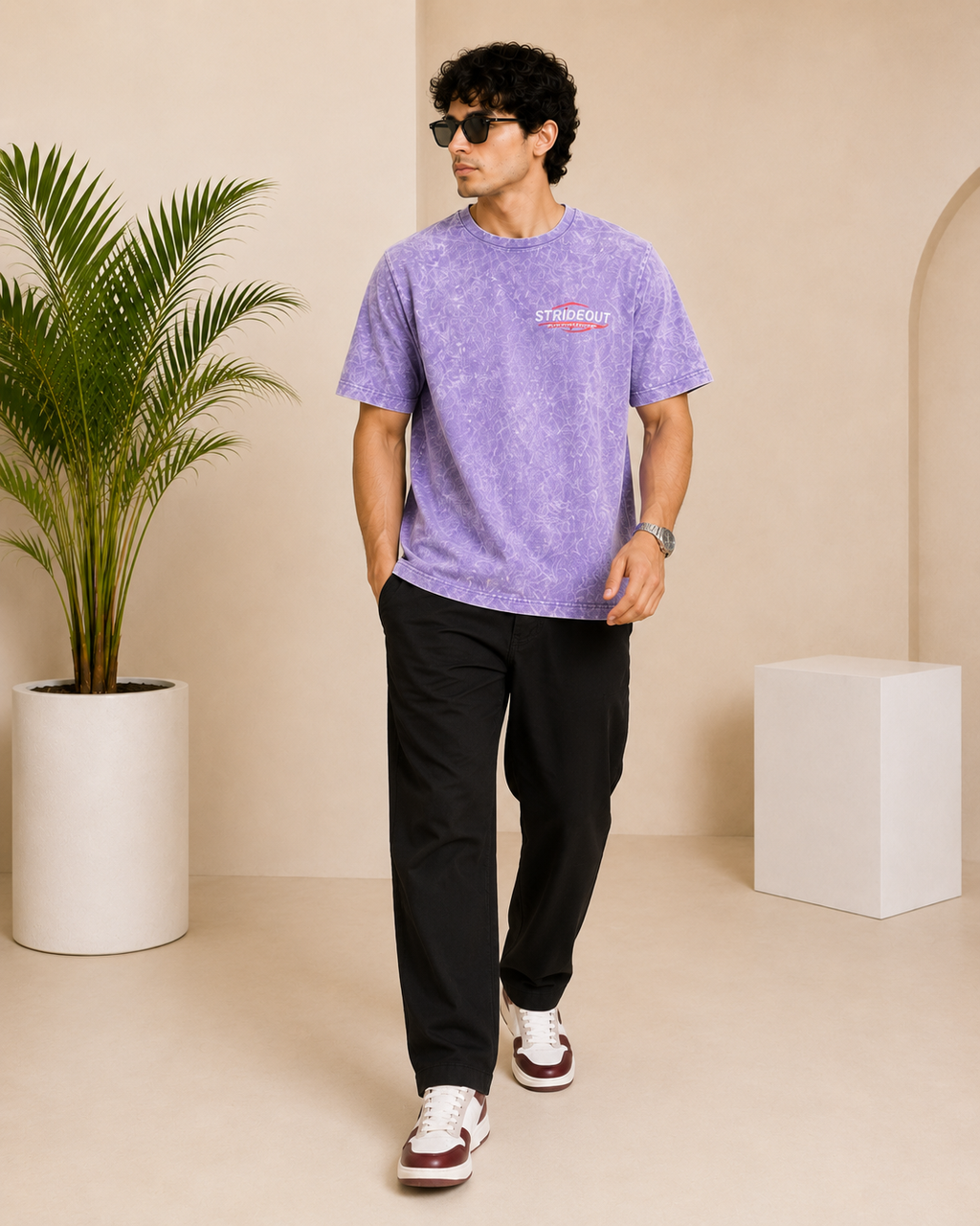 Men’s Lavender Acid Wash Down Shoulder Off-Road Graphic Printed T-Shirt