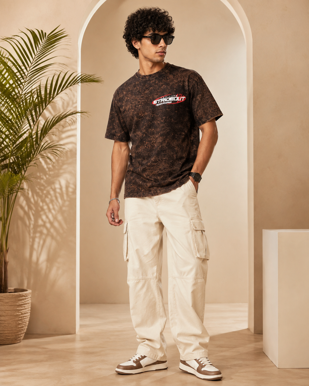 Men’s Brown Acid Wash Down Shoulder Off-Road Graphic Printed T-Shirt