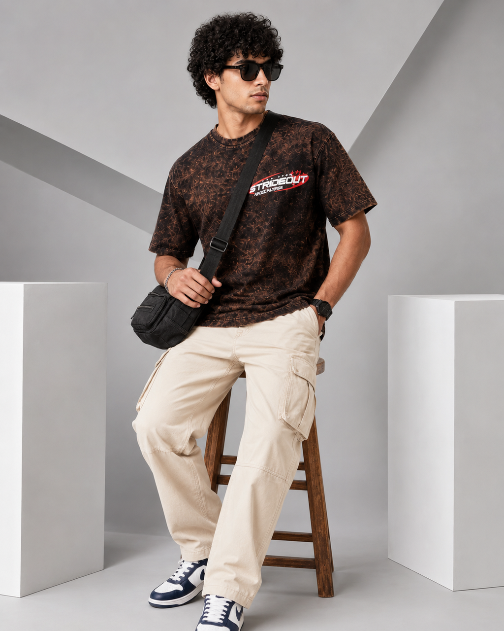 Men’s Brown Acid Wash Down Shoulder Off-Road Graphic Printed T-Shirt