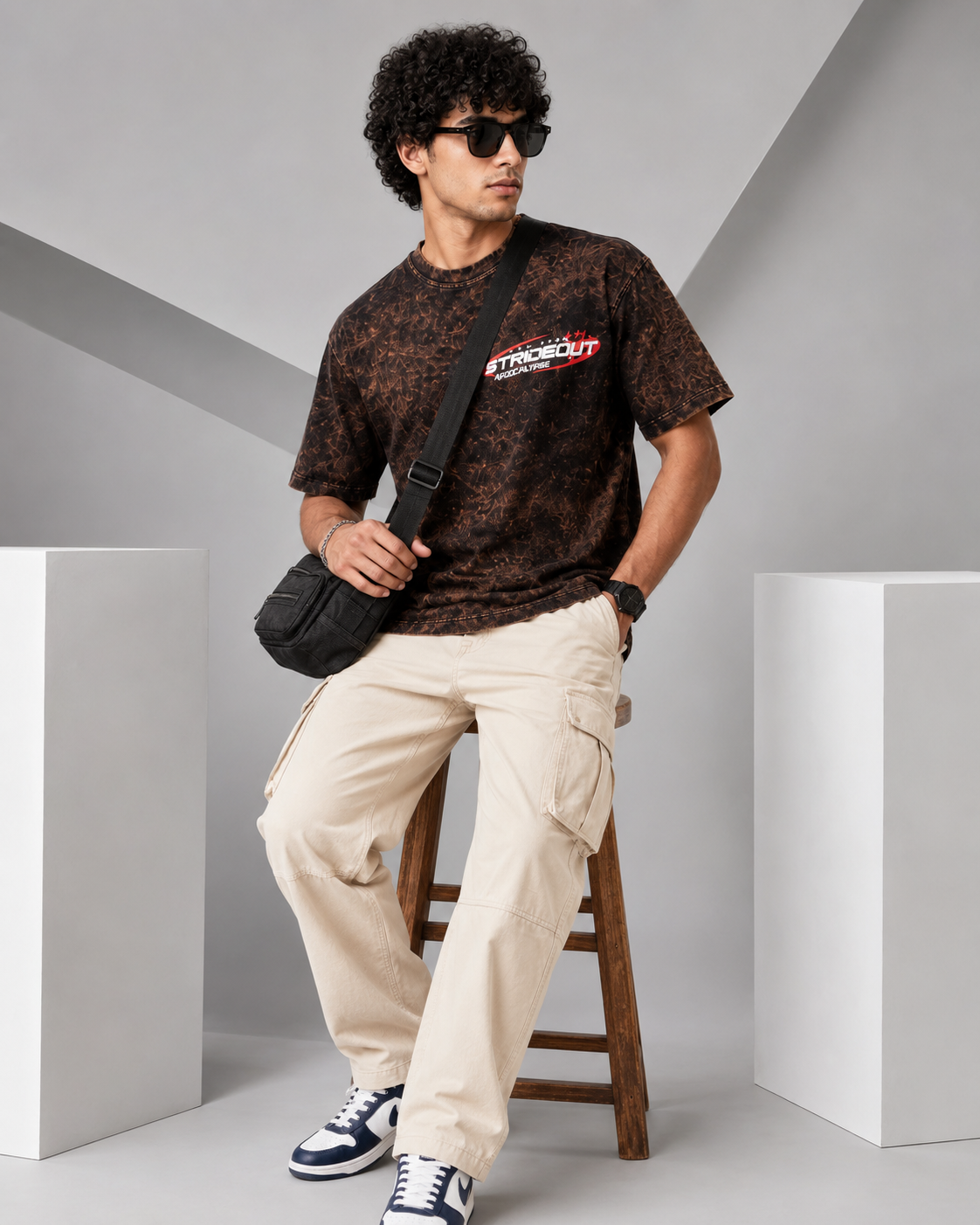 Men’s Brown Acid Wash Down Shoulder Off-Road Graphic Printed T-Shirt