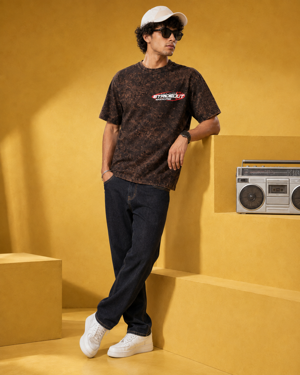 Men’s Brown Acid Wash Down Shoulder Off-Road Graphic Printed T-Shirt