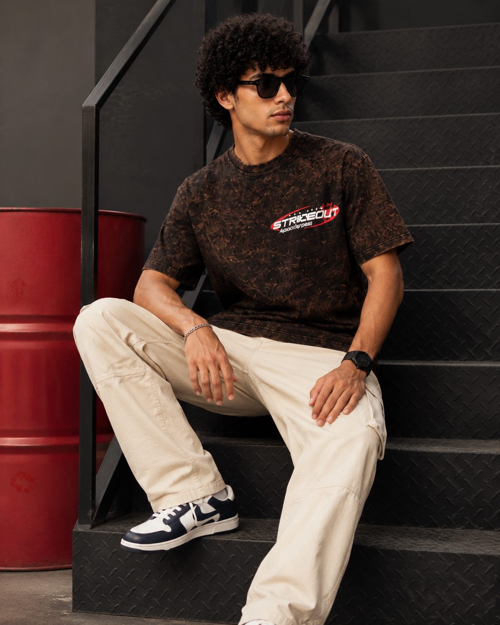 Men’s Brown Acid Wash Down Shoulder Off-Road Graphic Printed T-Shirt