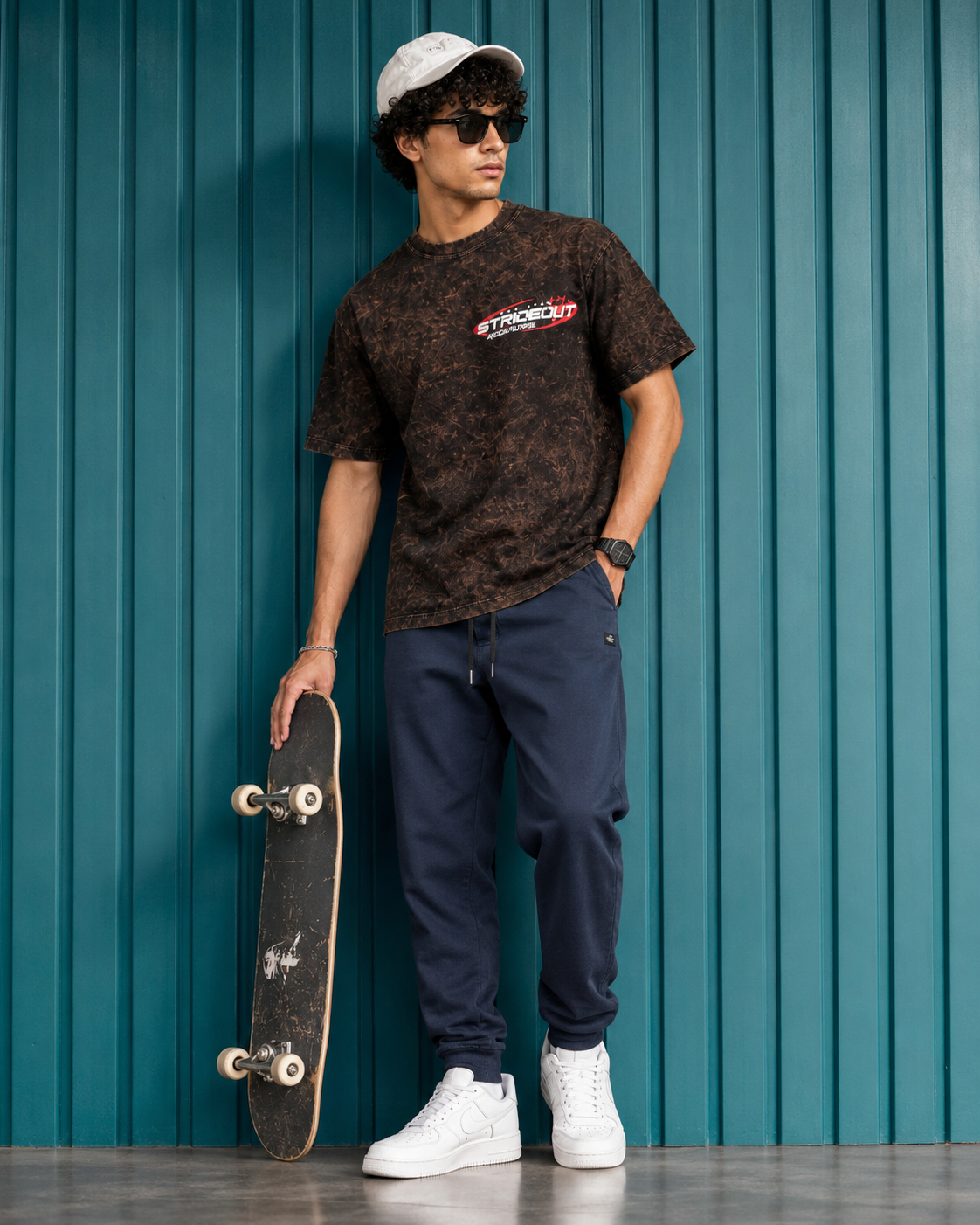 Men’s Brown Acid Wash Down Shoulder Off-Road Graphic Printed T-Shirt