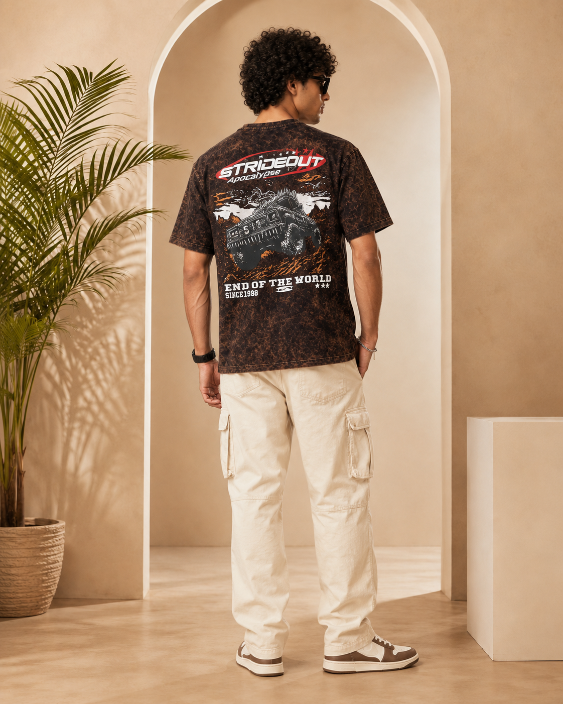 Men’s Brown Acid Wash Down Shoulder Off-Road Graphic Printed T-Shirt