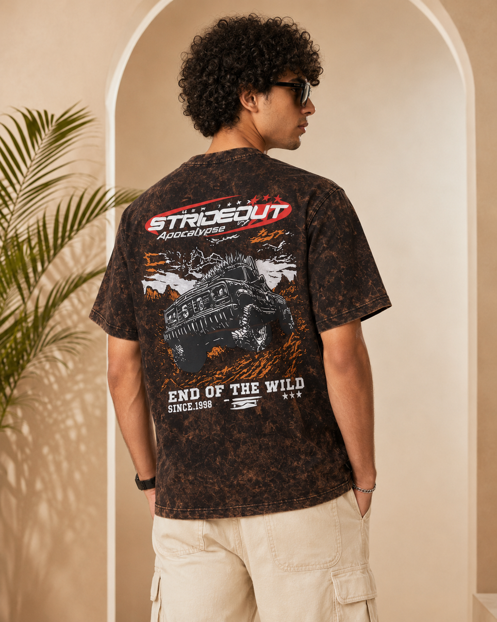 Men’s Brown Acid Wash Down Shoulder Off-Road Graphic Printed T-Shirt