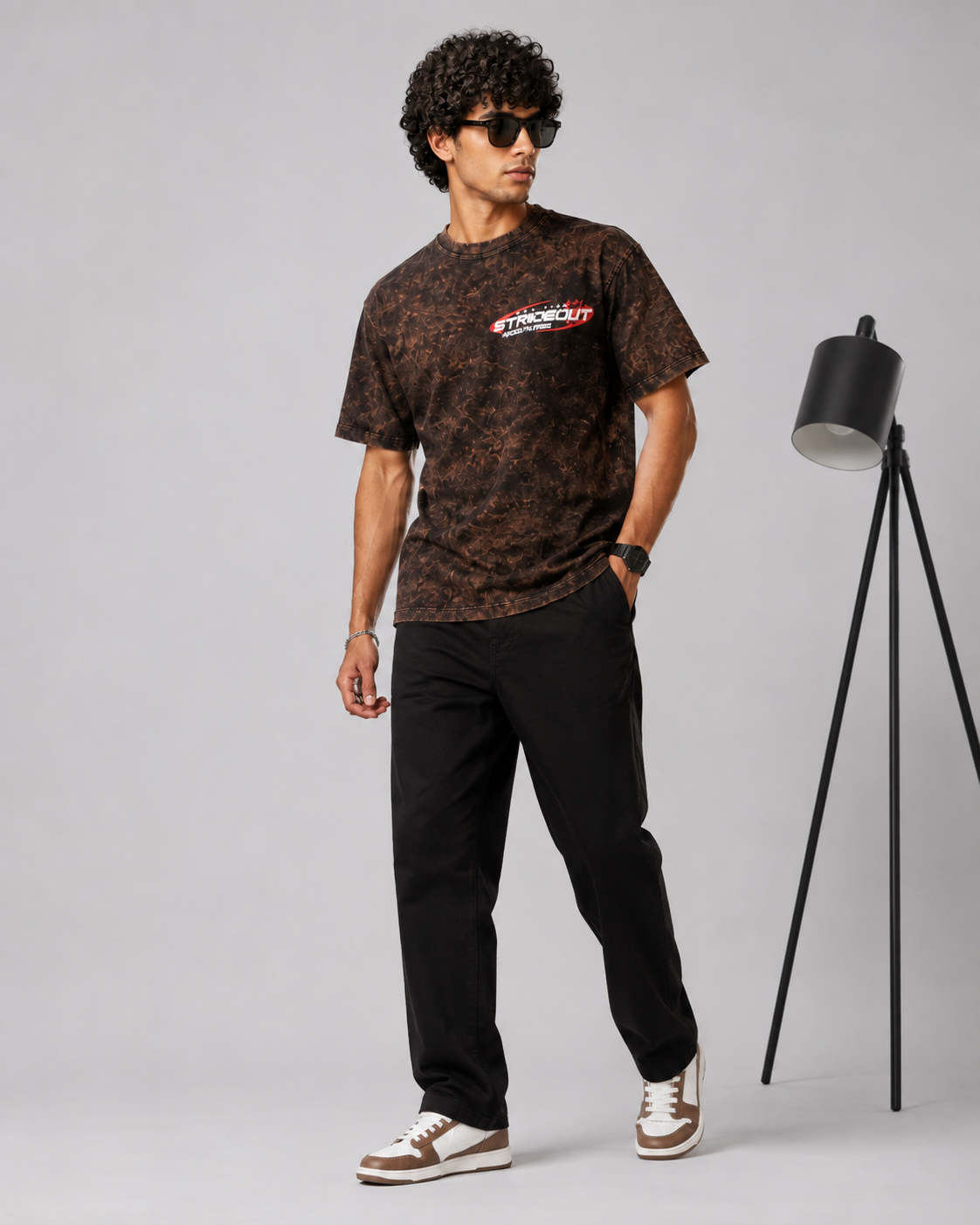 Men’s Brown Acid Wash Down Shoulder Off-Road Graphic Printed T-Shirt