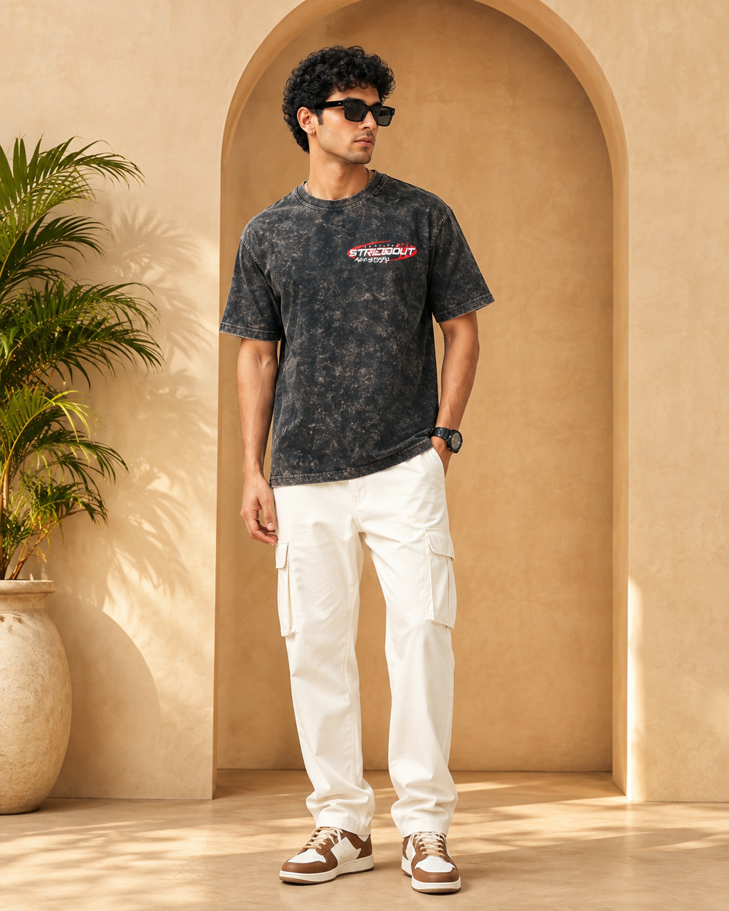 Men’s Black Acid Wash Down Shoulder Off-Road Graphic Printed T-Shirt