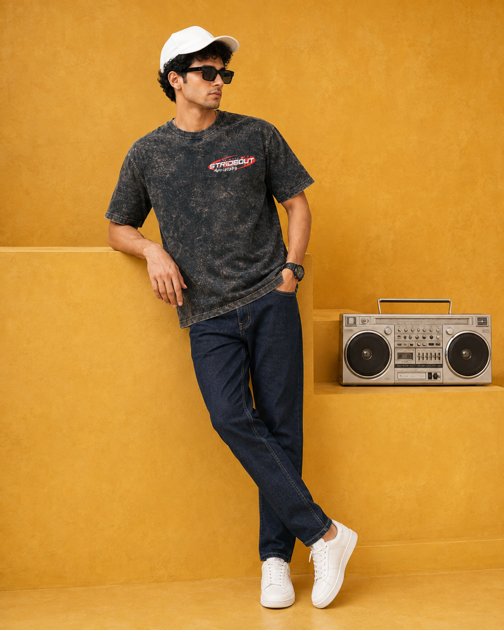 Men’s Black Acid Wash Down Shoulder Off-Road Graphic Printed T-Shirt