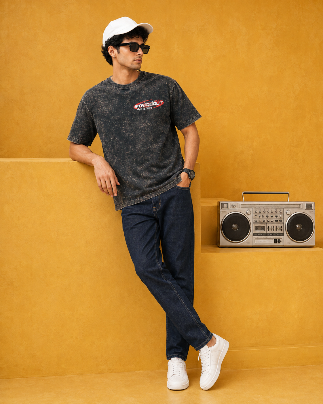 Men’s Black Acid Wash Down Shoulder Off-Road Graphic Printed T-Shirt