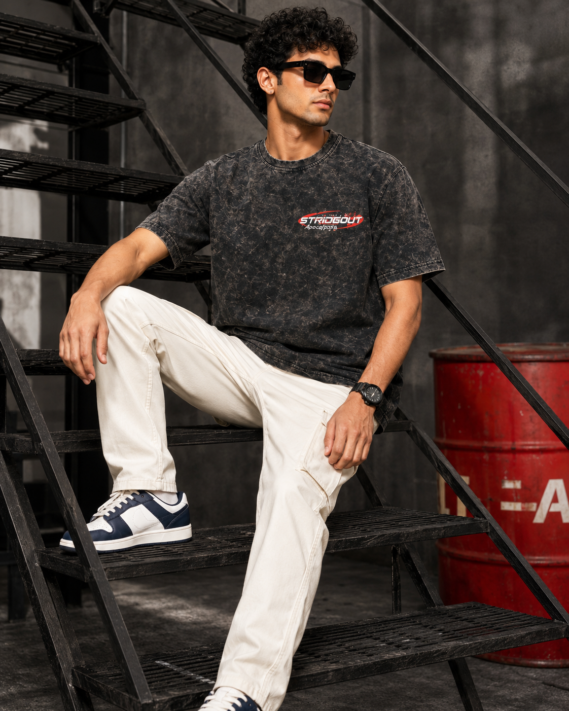 Men’s Black Acid Wash Down Shoulder Off-Road Graphic Printed T-Shirt