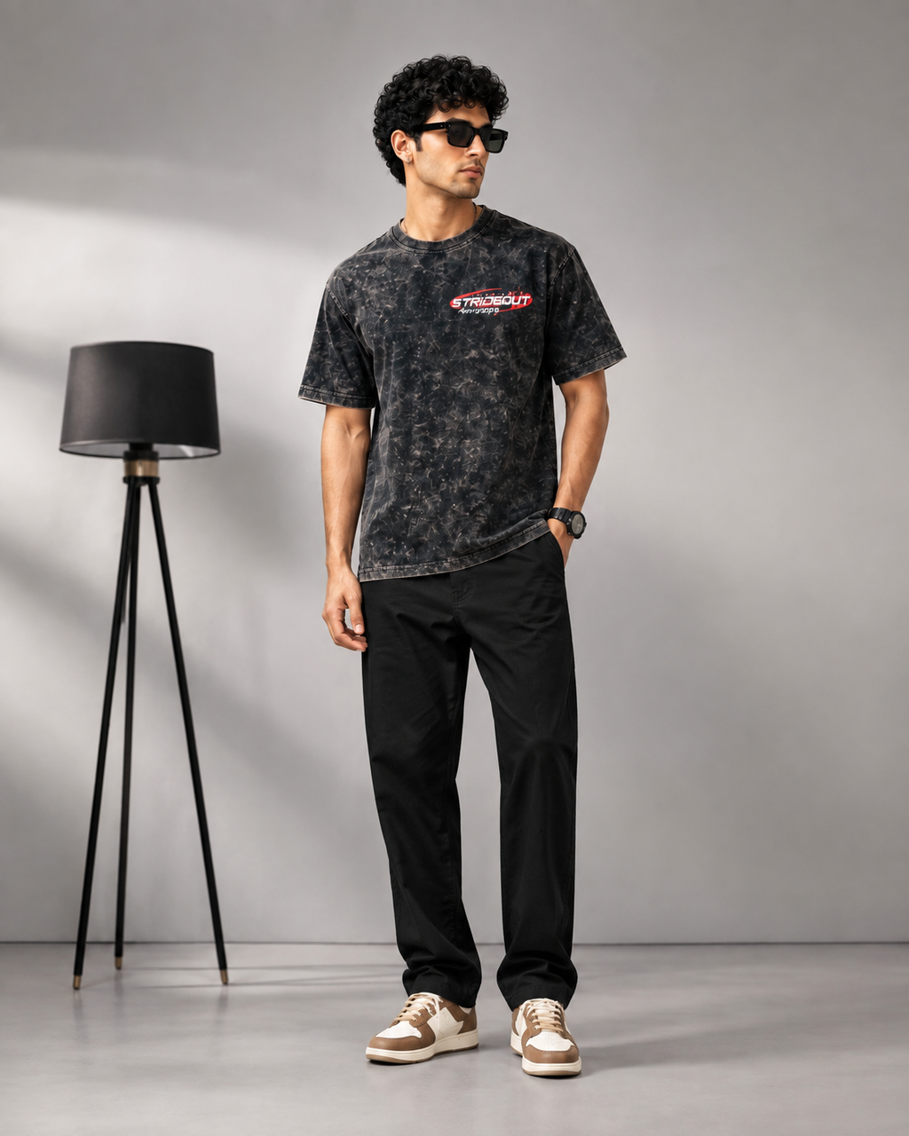Men’s Black Acid Wash Down Shoulder Off-Road Graphic Printed T-Shirt