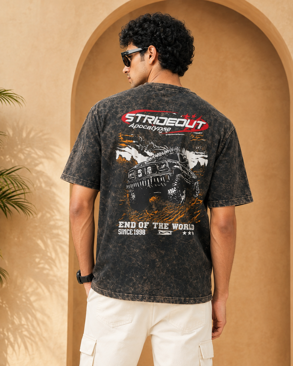 Men’s Black Acid Wash Down Shoulder Off-Road Graphic Printed T-Shirt