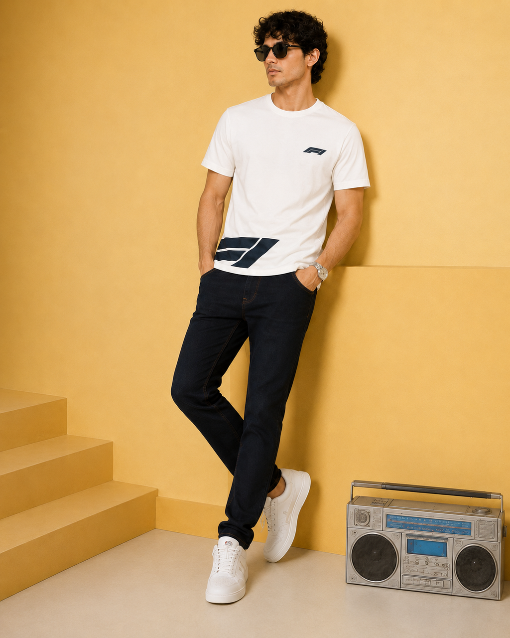 Men’s Off-White Down Shoulder Abstract Graphic Printed T-Shirt
