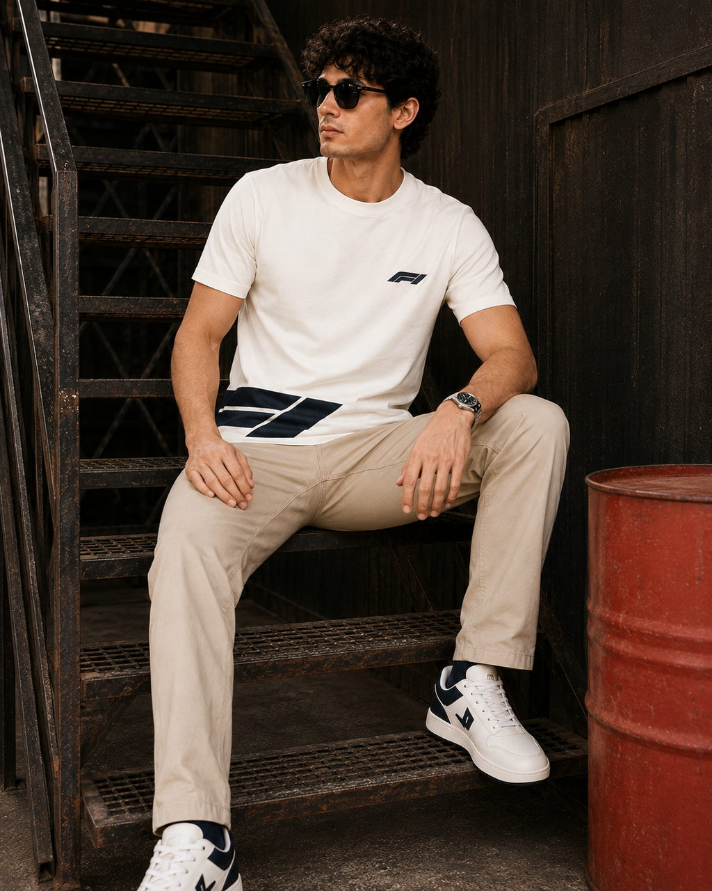Men’s Off-White Down Shoulder Abstract Graphic Printed T-Shirt