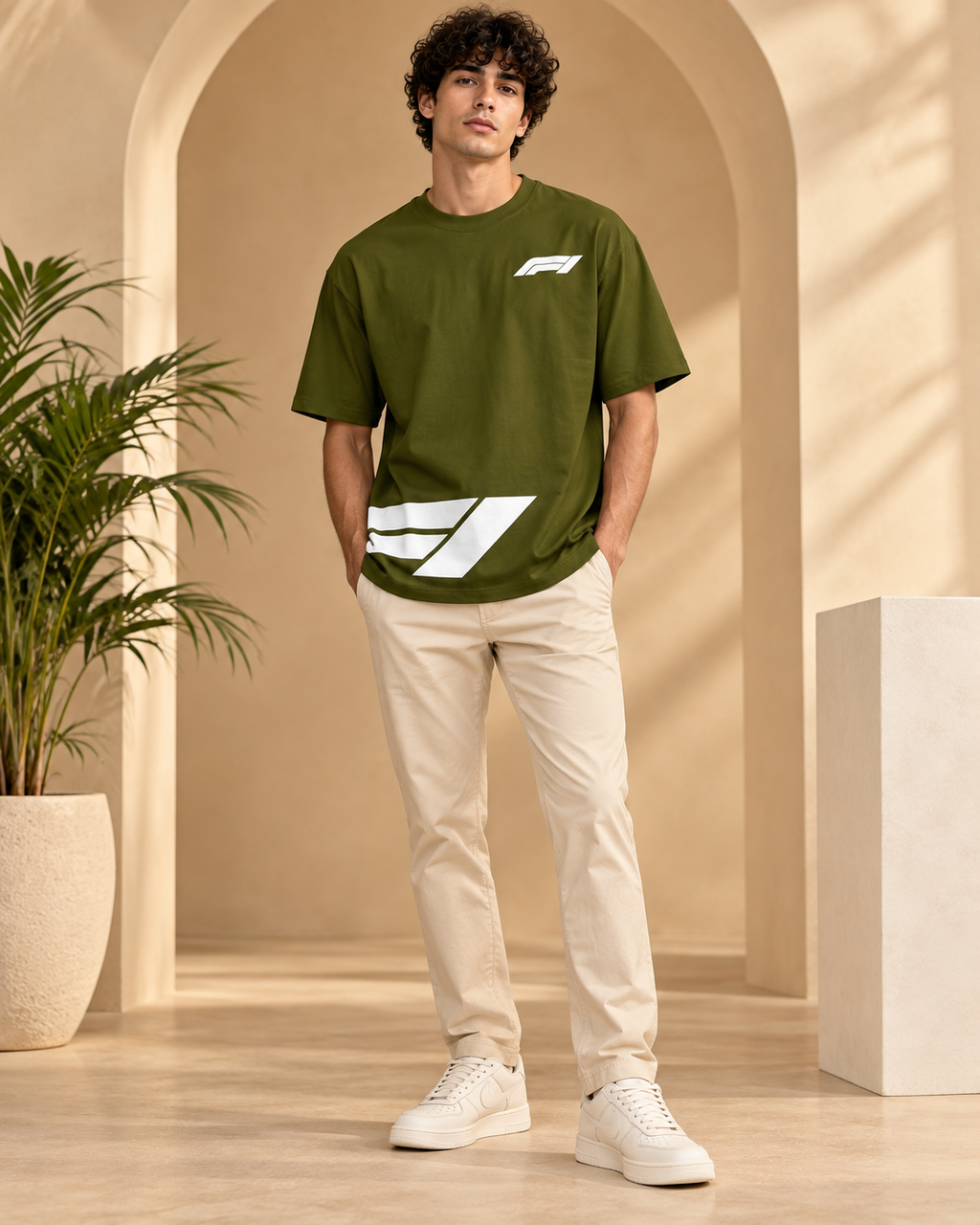 Men’s Olive Green Down Shoulder Abstract Graphic Printed T-Shirt