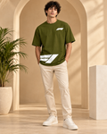 Men’s Olive Green Down Shoulder Abstract Graphic Printed T-Shirt